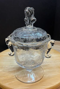 Heisey Glass Etched Waverly Orchid w/ Seahorse Handles Footed Candy Dish - Picture 1 of 14