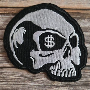 Skull Money Symbol Gothic Punk Hustle Dollars Embroidered Iron on Patch. - Picture 1 of 2