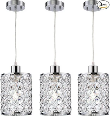 Cuaulans 3件装水晶吊坠灯,镀铬厨房岛吊坠照明 — 第 1/4 张图片