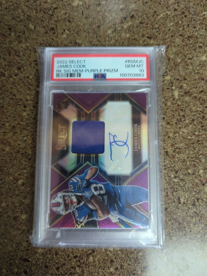 2022 Panini Select - Rookie Signature Mem James Cook Purple Prizm /49 PSA 10 - Image 1 of 4