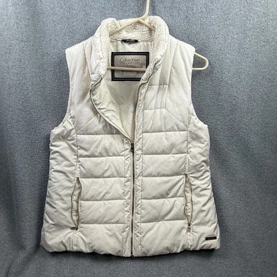 Calvin Klein M Chaleco Puffer Clásico Crema Sólido Mujer Cremallera Completa Acentos Tono Dorado Foto 1 de 4
