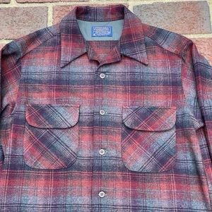 Vtg 1970 Pendleton Wool Board Shirt Mens M Red Plaid Loop Collar Flap Pockets - Picture 1 of 8