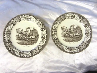 Two's Twos Company Marrón Transferware Soldados y Cerdo Floral Pared (2) Platos Sin Reserva Foto 1 de 4