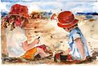 A543-Original Watercolor Painting, "Kids At Beach",Gift Idea Child Girls Aceo