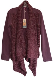 PrAna Demure Open Cardigan Wool Blend Knit Mixed Media Womens Large Eggplant New - Picture 1 of 12
