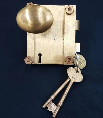Brass Ship Rim Lock with Oval Knob and Keys with "Bond Stores" Fob Cover
