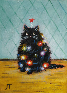 ACEO PRINT of Painting Black Santa Cat In Lights Christmas