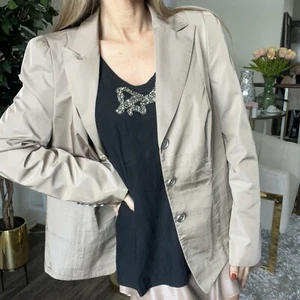 Rena Lange Beige Fitted Stitched Detail V Neck Collar Button Blazer Tan Jacket L - Picture 1 of 14