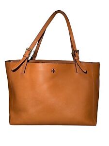 Tory Burch Saffiano Leather York Buckle Tote Bag Tan Brown Large Logo Shoulder