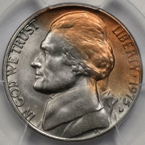 1975 D PCGS MS65 Improperly Annealed Planchet Nickel Mint Error Red Head Cover