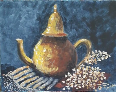 "Golden Teapot Still Life 9x12 Acrylic Painting, Rustic Kitchen Décor, canvas - image 1 of 4