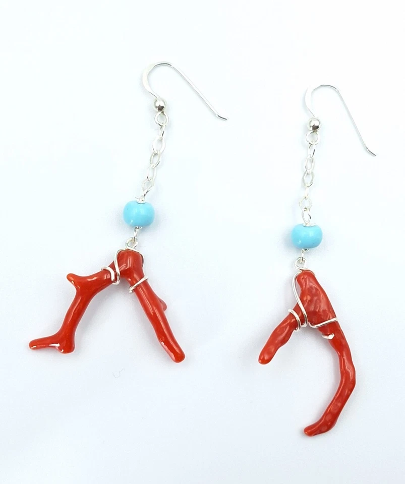 Orecchini Donna Vero Corallo Rosso Di Sardegna Salmone Pendenti Argento 925  - Immagine 1 di 4