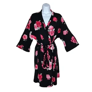 Laura Ashley Damen großer Morgenmantel schwarz dunkel Blumen Rosen Wickel Krawatte Bad Lounge - Bild 1 von 5