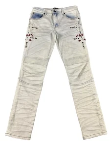 Jeans 8ight Dstrkt donna 32x32 beige ricamato borchie moto slim fit azteco - Foto 1 di 11