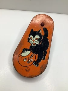 Vintage Halloween T. Cohn Tin Noisemaker Black Cat Jack-O-Lantern USA *Read* - Afbeelding 1 van 8