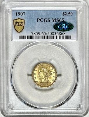 1907 LIBERTY HEAD $2.5 QUARTER EAGLE GOLD PCGS & CAC MS65 - BEAUTIFUL EXAMPLE!! - Image 1 of 4