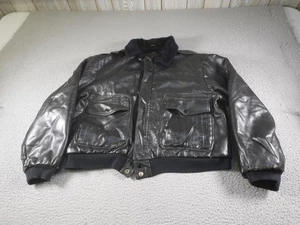 Vintage Leather Bomber Jacket Mens Large Black Aviator Flight Flyer Fleece Lined - Picture 1 of 24