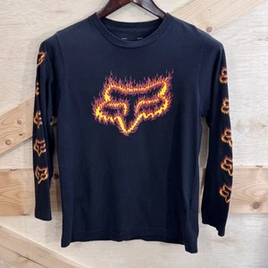 Fox Racing Shirt Youth Large Black Flames Logo Long Sleeve Motocross Crewneck - Picture 1 of 8