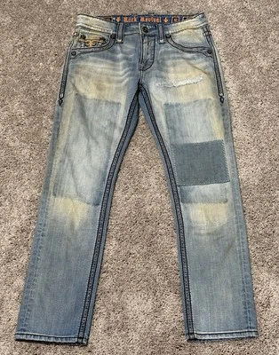 RARE Rock Revival Darl Alt Straight Denim Patch Blue Jeans Mens Size 32x32 - Image 1 of 4