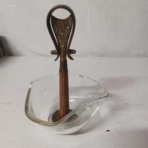 Vtg Judaica Brass Enamel Sculpted Glass Bowl Isreal Religious - Picture 1 of 10