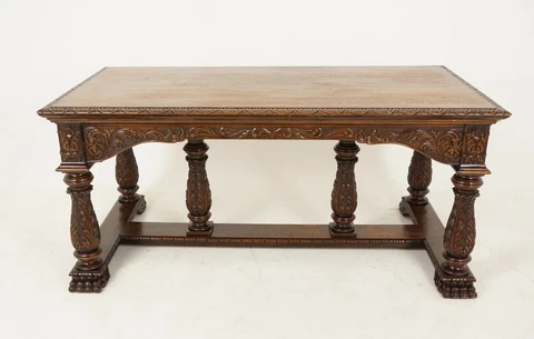 Victorian Hand Carved Tiger Oak Library Table, Library Hall Desk, Scotland 1880 Cover