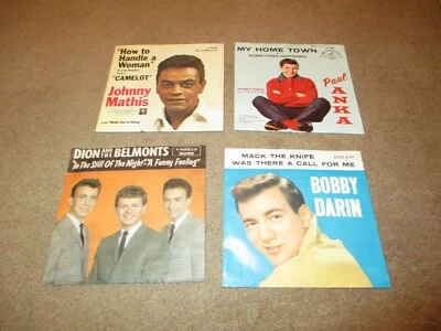 (4) Vntg. Paul Anka/Johnny Mathis/Bobby Darin/Dion 45rpm Records w/Picture Slvs. - Image 1 of 2