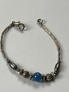 Vintage Liquid Silver Twist Barrel w Tiny Rose & Blue Chalcedony Bead Bracelet - - Picture 1 of 6
