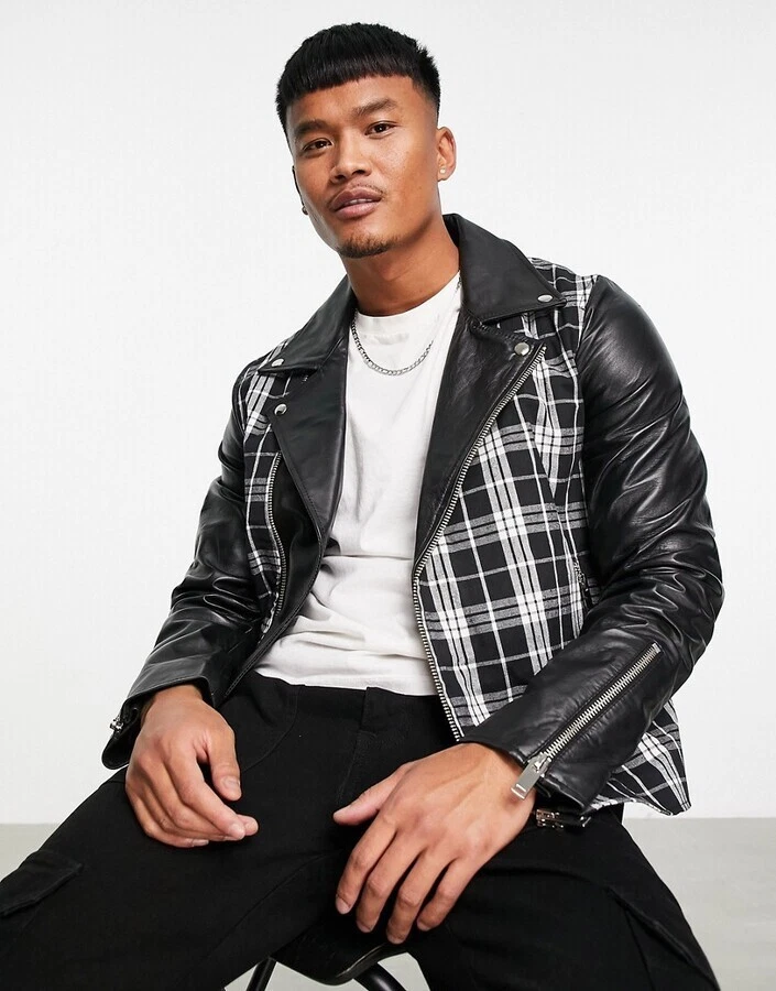 Bolongaro Trevor Kellan check biker LEATHER jacket. Asos & ZARA Man Fit Size M - Image 1 of 4