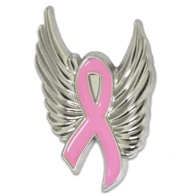 PinMart's Breast Cancer Pink Awareness Ribbon Angel Wings Enamel Lapel Pin - Image 1 of 3