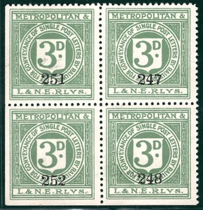GB METROPOLITAN &LNER RAILWAY Letter Stamp 3d Green (c1928) BLOCK Mint RSB137 - Picture 1 of 6