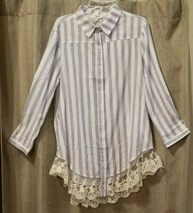 Umgee Button Up Blouse Women's 1X Plus Blue 3/4 Sleeve Lace Hem 2 Pockets New - Picture 1 of 11