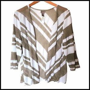 Chico’s Easywear gestreifte Strickjacke Crinkle Ellenbogenärmel L Large weiß hellbraun offen F - Bild 1 von 8