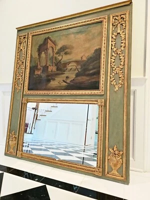 Espejo Trumeau Verde Francés Antiguo Original con Pintura Original Firmada por Artista Foto 1 de 4