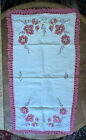 Antique Vintage Handmade Pink Wht Embroidered Linen Table Runner 18X33 Exc Cond.