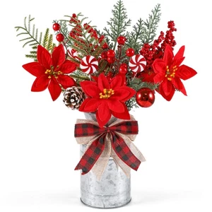 15" H Farmhouse Christmas Centerpiece Rustic Metal Vase with Artificial Poins... - Picture 1 of 7
