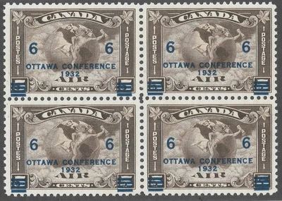 Nice MNG Canadian 1932 Overprinted Airmail Stamp Block, Scott #C4*  cv $140 - Image 1 of 3