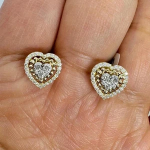 Moissanite 2.5Ct Round Cut Halo Heart Shape Stud Earrings 14K Yellow Gold Plated - Picture 1 of 7