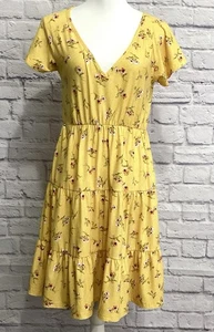 Derek Heart Juniors Size L Yellow Floral Babydoll Short Sleeve V-Neck Dress - Picture 1 of 6
