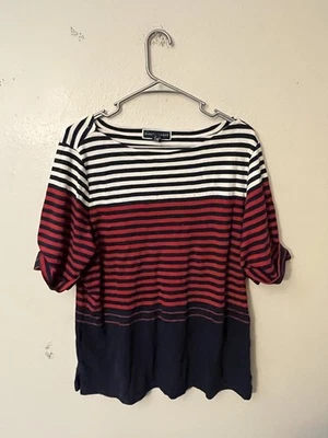 Karen Scott Striped Red Black White T-shirt Short Rolled Hem Sleeve Size XXL - Image 1 of 4