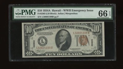 DBR 1934-A $10 FRN Hawaii Gem Fr. 2303 PMG 66 EPQ Serial L50805108B - Image 1 of 2