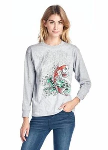 ED HARDY JUNIOR GIRL'S KOI FISH SCREEN PRINT L/S CREW NECK T-SHIRT GREY MEDIUM - Picture 1 of 1