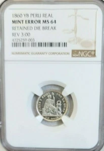 1860 PERU SILVER 1 REAL NGC MS 64 MINT ERROR RETAINED DIE BREAK RARE BRIGHT BU - Picture 1 of 4