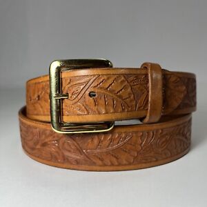 Wide Brown Floral Embossed Leather Belt - Women's Size 42