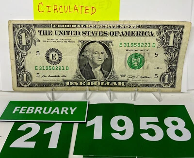 Birthday/Anniversary Dollar February 21 1958.Fancy Serial Number Circulated Note - Image 1 of 4