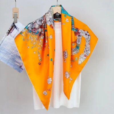 Pure 14 Momme Twill Silk Wrap Scarf Bandanna Floral Horse Print Square Shawl 35" - Image 1 of 4