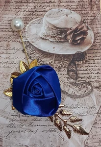Antique Gold Colored Blue Rose Faux Pearl Rhinestone Hat Pin Corsage Hair - Picture 1 of 2
