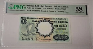 1959 MALAYA & BRITISH BORNEO One DOLLAR Yacht SN# B93389978 PMG 58 Banknote - Picture 1 of 4