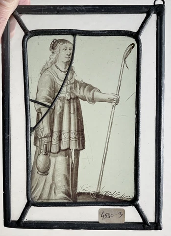 Antique 17th Century Dutch Flemish Stained Glass Window Panel Shepherdess Woman Cover