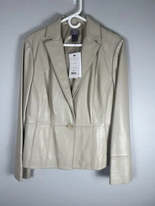 SIGRID OLSEN Blazer Jacket 100% LEATHER Barley Beige Cream Size 14 NWT - Picture 1 of 6