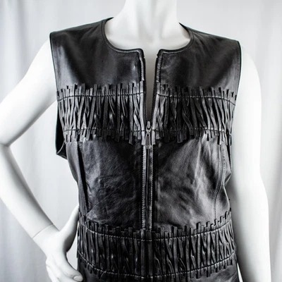 PETER NYGARD New Black Women Genuine Lamb Leather Fringe Soutwest Vest Size 16 - Image 1 of 4